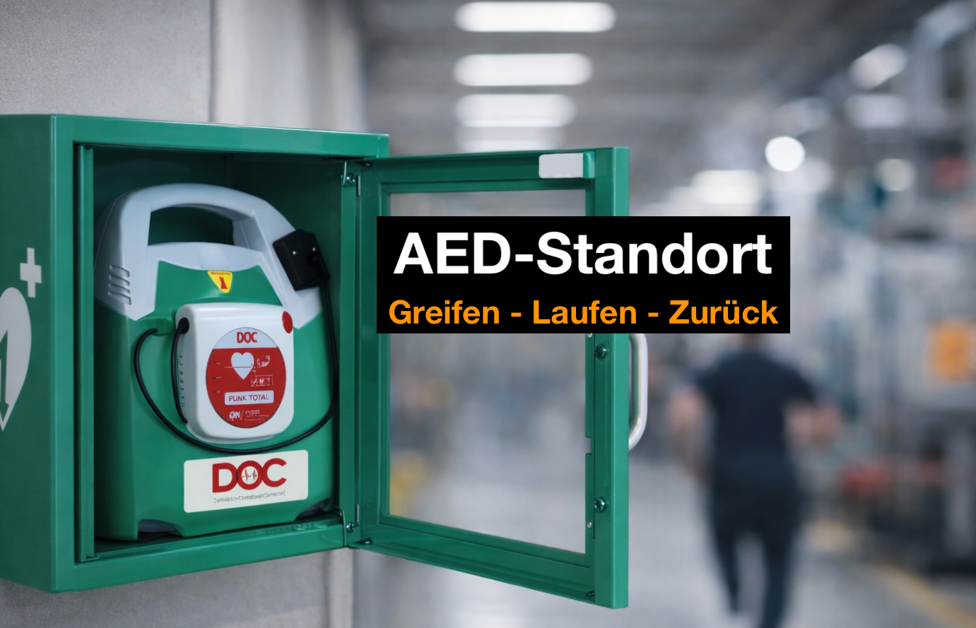 aed standort betrieb defibrillator an wand im unternehmen schnell erreichbar