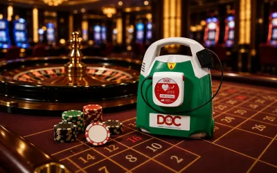 DOC-Defibrillator-Casino DOC Defibrillator auf einem Roulettetisch mit Spielchips in einem Casino