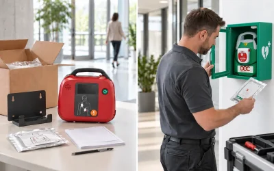 Defibrillator kaufen oder mieten: Links ein roter AED mit Zubehör, rechts ein Mann am DOC Defibrillator im Wandschrank.