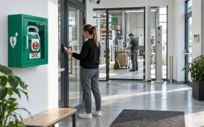 Sicherheit im Unternehmen: DOC Defibrillator im grünen Wandschrank, Zutrittskontrolle und Überwachungskamera am Firmeneingang.